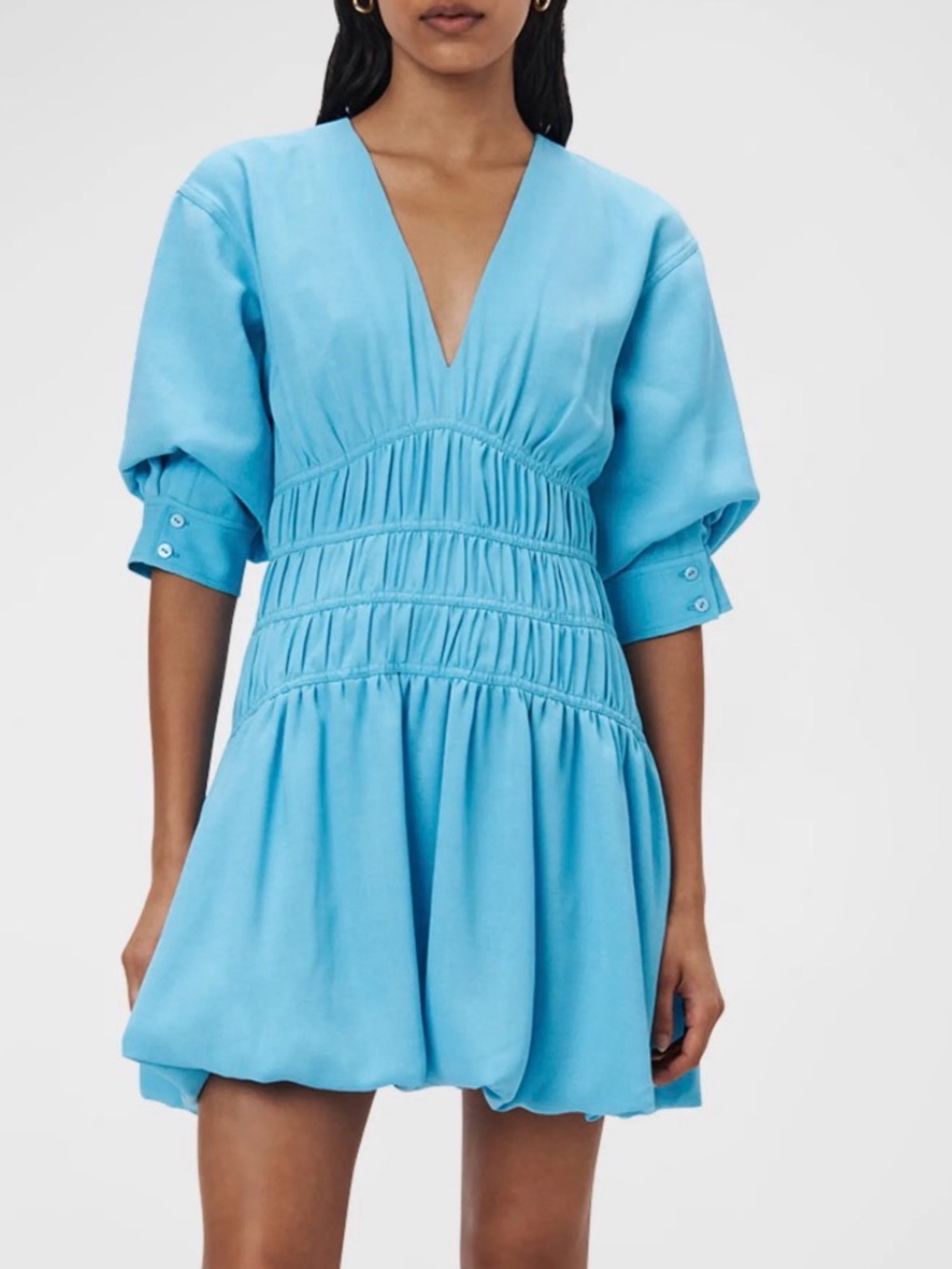 Jonathan Simkhai Light Blue V-Neck Smocked Mini Dress